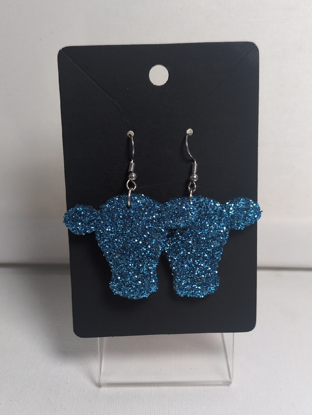 Light Blue Glitter Cow Head Dangle Earrings